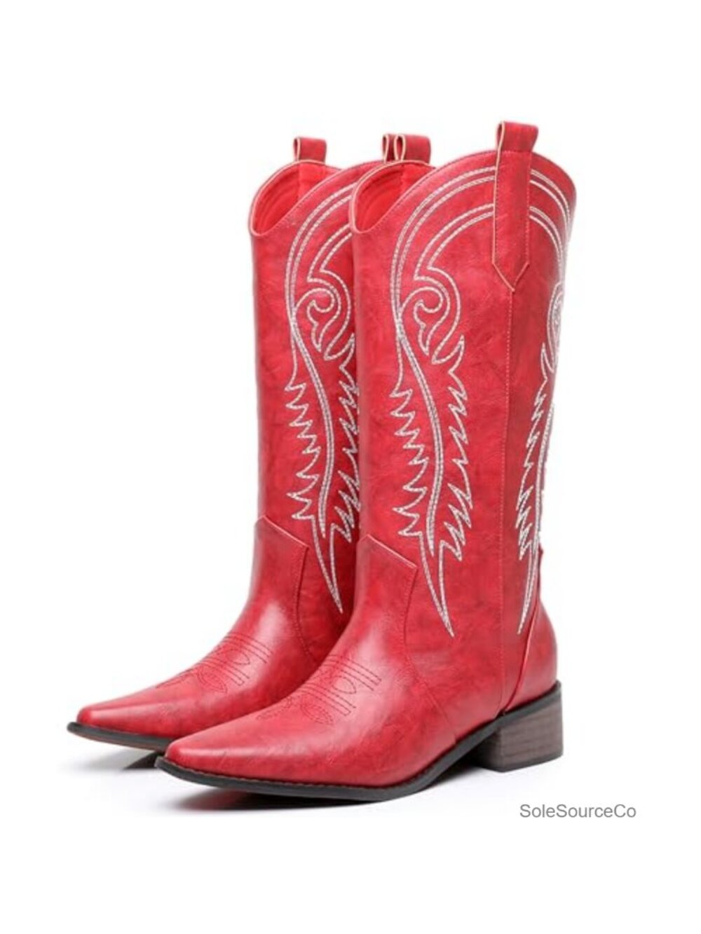 Women's Cowboy Boots Embroidered Mid Calf Side Zipper Chunky Heel Faux Leather